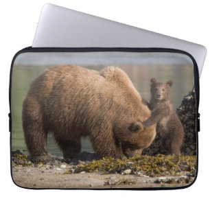 Funda Para Portátil Madre de oso grizzly con cría en una playa