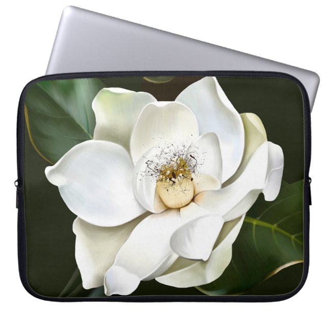 Funda Para Portátil Magnolia blanca cierra fondo verde (Frente)