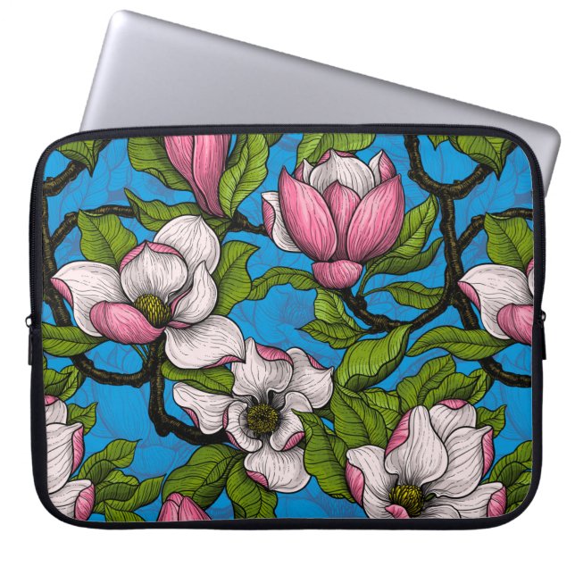 Funda Para Portátil Magnolia floreciente en azul (Frente)