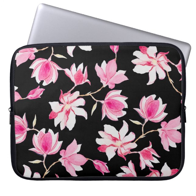 Funda Para Portátil Magnolia romántica: acuarela negra (Frente)