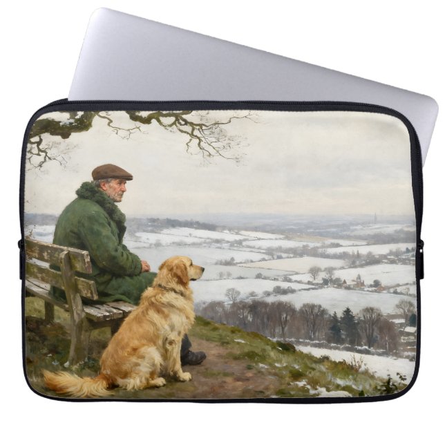 Funda Para Portátil Man and Dog Enjoying Winter Countryside Vista (Frente)