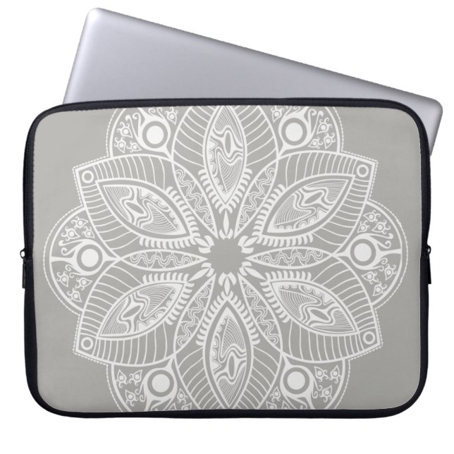 Funda Para Portátil Mandala blanca exótica con fondo gris (Frente)
