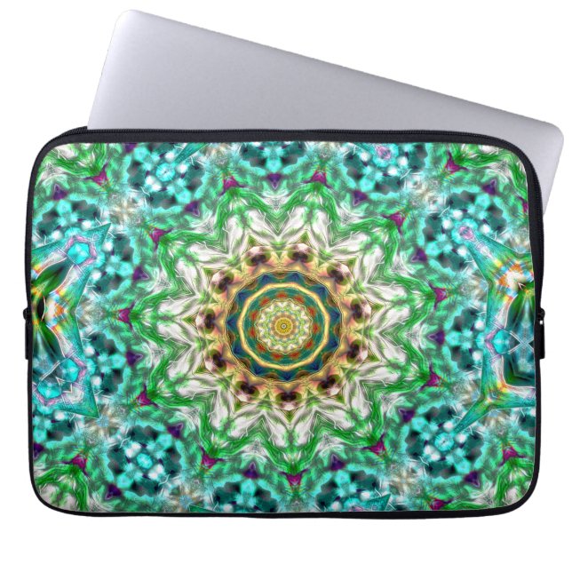 Funda Para Portátil Mandala de textura azul y verde metalizado áspera (Frente)