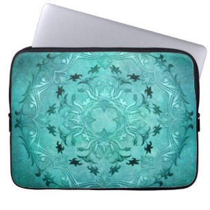 Funda Para Portátil Mandala floral étnica del grunge de la turquesa