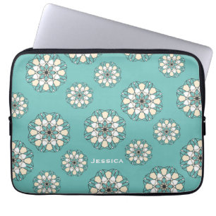 Funda Para Portátil Mandala floral geométrica Verde azulada y elegante