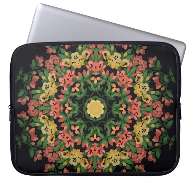 Funda Para Portátil Mandala floral: rojo, amarilla. (Frente)