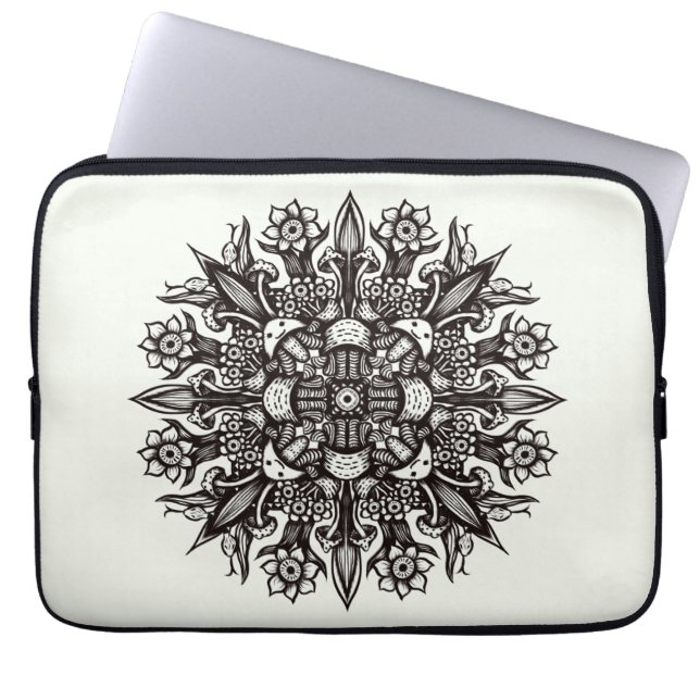 Funda Para Portátil Mandala psicodélica atractiva en blanco y negro (Frente)