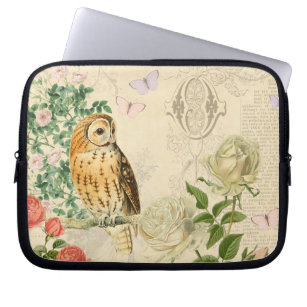 Funda Para Portátil Manga de la laptop floral vintage owl con rosas