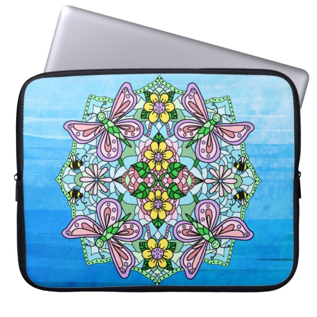 Funda Para Portátil Mano rosa y azul claro dibujada Mandala (Frente)