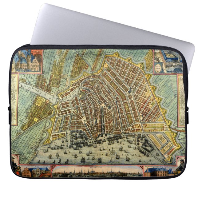 Funda Para Portátil Mapa Antiguo de la Calle de Amsterdam, Países Bajo (Frente)