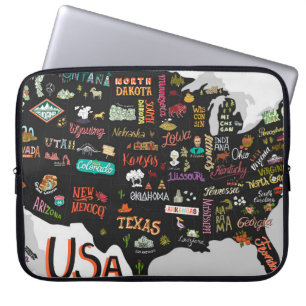 Funda Para Portátil Mapa ilustrado de Estados Unidos. Poster con estad