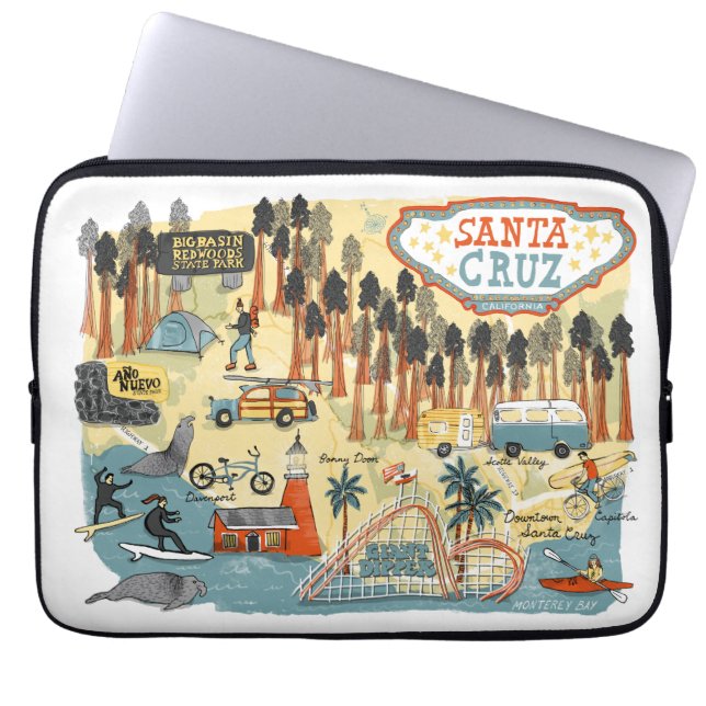 Funda Para Portátil Mapa ilustrado de Santa Cruz California (Frente)