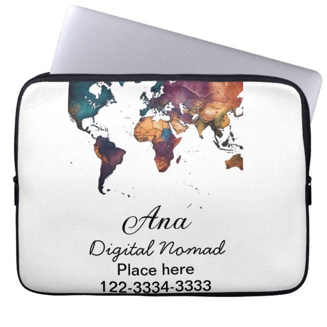 Funda Para Portátil Mapa mundial agregar tu nombre texto lugar teléfon (Frente)