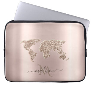 Funda Para Portátil Mapa Mundial Brillante Viaje Monograma Rosa Dorado