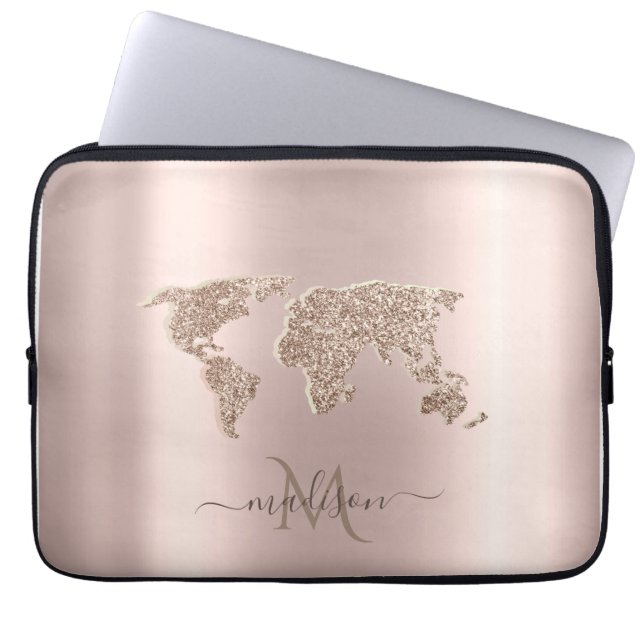 Funda Para Portátil Mapa Mundial Brillo Monograma Rosa Dorado (Frente)