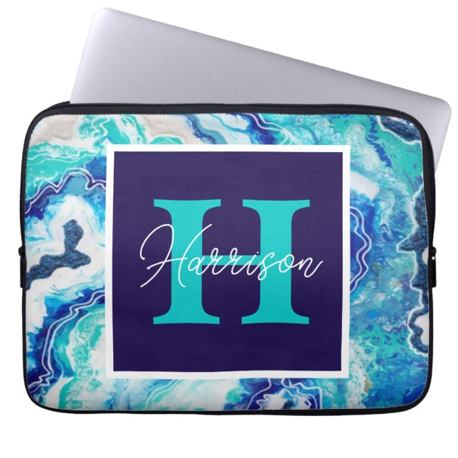 Funda Para Portátil Marble azul y turquesa Monograma Beachis (Frente)