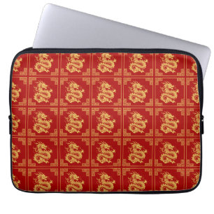 Funda Para Portátil Marco de Ornamento Griego Patrón Dragón Oro Rojo