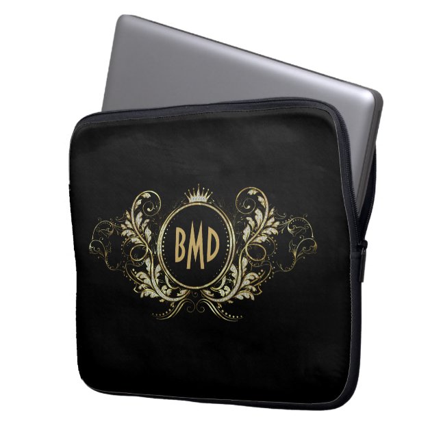 Funda Para Portátil Marco floral negro y falso Purpurina Girly (Anverso izquierdo)