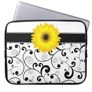 Funda Para Portátil Margarita amarilla del Gerbera en voluta negra y