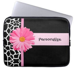 Funda Para Portátil Margarita blanco y negro de moda y nombre del rosa
