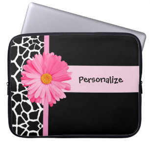 Funda Para Portátil Margarita blanco y negro de moda y nombre del rosa