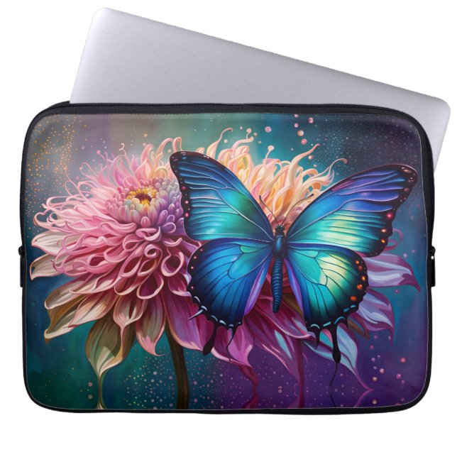 Funda Para Portátil Mariposa azul y Dahlia (Frente)