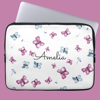 Funda Para Portátil Mariposa azul y rosa de monograma