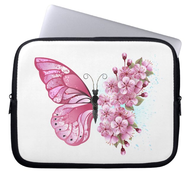 Funda Para Portátil Mariposa de flores con Sakura rosa (Frente)