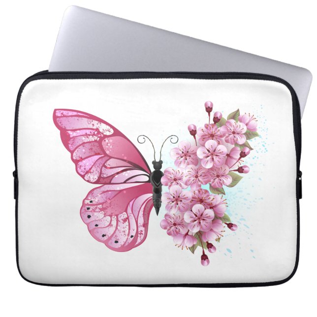 Funda Para Portátil Mariposa de flores con Sakura rosa (Frente)
