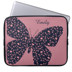 Funda Para Portátil Mariposa floral rosa y violeta personalizada