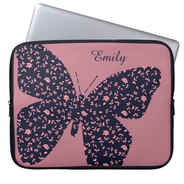 Funda Para Portátil Mariposa floral rosa y violeta personalizada (Frente)