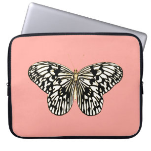 Funda Para Portátil Mariposa negra y blanca, fondo rosa de coral