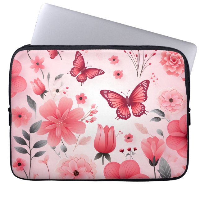 Funda Para Portátil Mariposa y floral rosa (Frente)