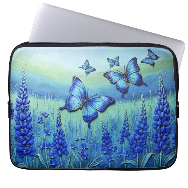 Funda Para Portátil Mariposas Azules con Flores Azules, (Frente)