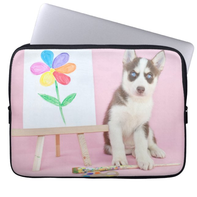 Funda Para Portátil Mariquita Husky pintando una flor arcoiris (Frente)