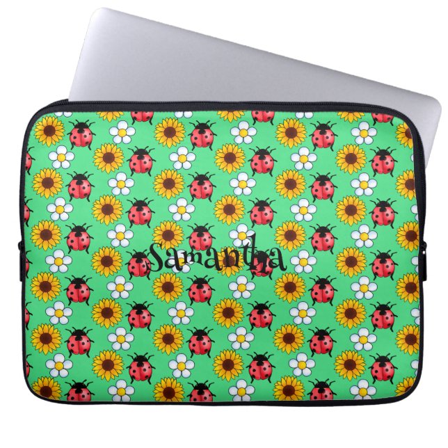 Funda Para Portátil Mariquita Roja Y Negra Con Flores (Frente)