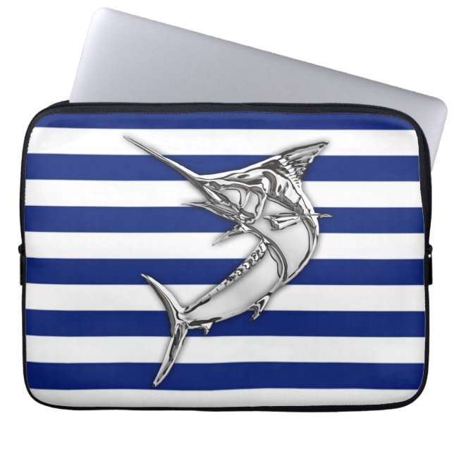 Funda Para Portátil Marlin Fish Chrome en las franjas náuticas (Frente)