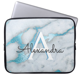 Funda Para Portátil Mármol azul Verde azulado y blanco monogramado