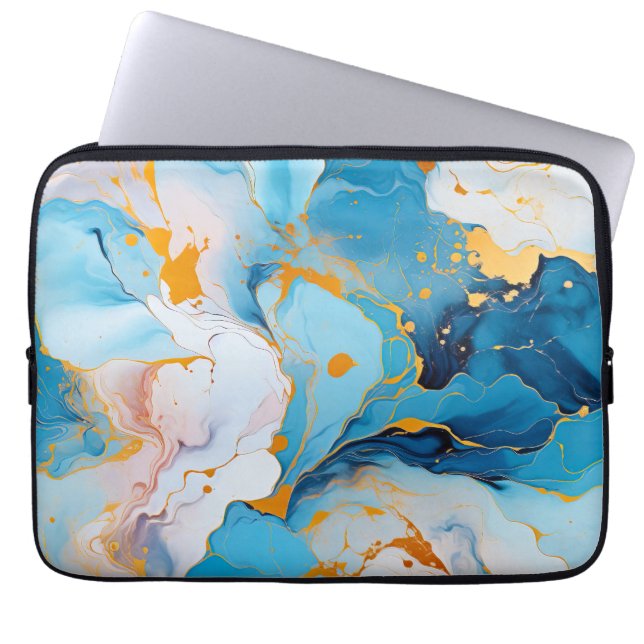 Funda Para Portátil Mármol Azur con Salpicaduras Doradas (Frente)