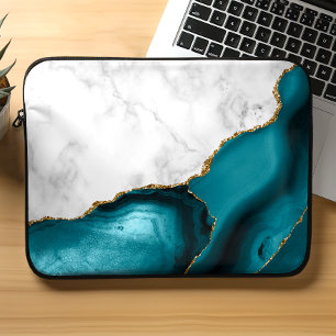 Funda Para Portátil Mármol Blanco Agata Azul Teal Dorado