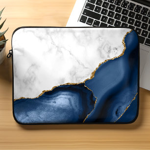 Funda Para Portátil Mármol blanco con ágata azul marino dorada