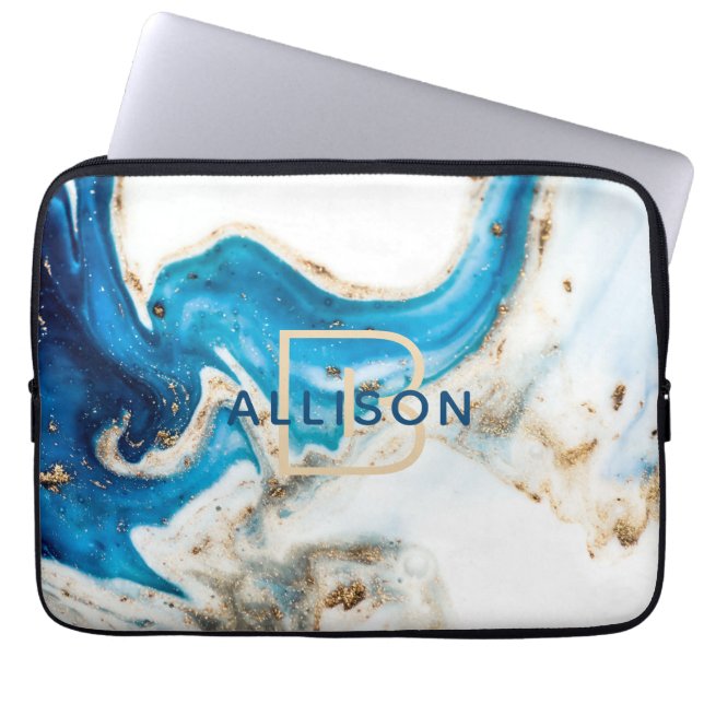 Funda Para Portátil Mármol blanco de oro azul Resumen Monograma de art (Frente)