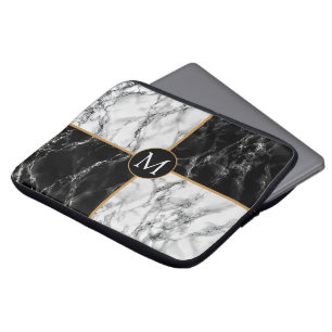 Funda Para Portátil Mármol blanco negro de verificación monograma