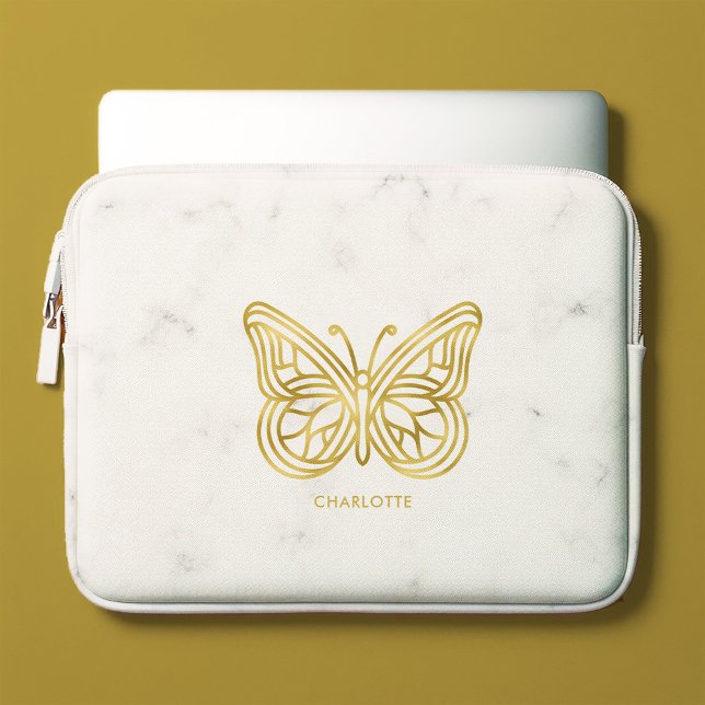 Funda Para Portátil Mármol blanco y mariposa geométrica de oro (Subido por el creador)