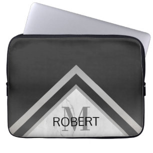 Funda Para Portátil Mármol de plata negra geométrica monogramada