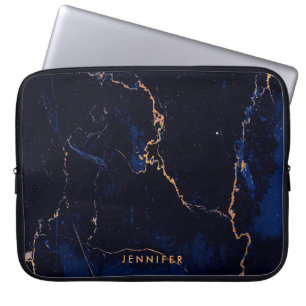 Funda Para Portátil Mármol dorado azul de la marina