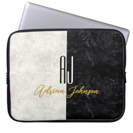 Funda Para Portátil Mármol Monograma Oro Negro