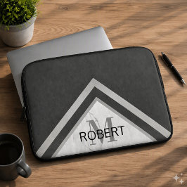 Funda Para Portátil Mármol negro Chevron geométrico con monograma y pl