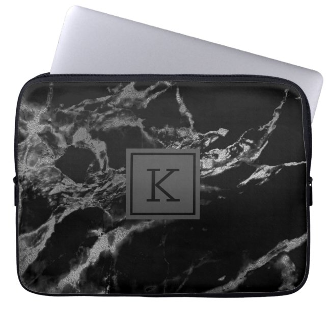 Funda Para Portátil Mármol negro y plateado (Frente)