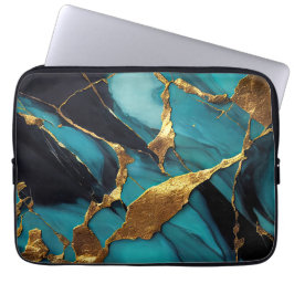 Funda Para Portátil Mármol Verde Teal Profundo con Venas Doradas Audac